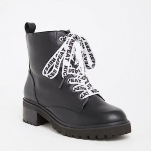 BLACK FAUX LEATHER COMBAT BOOT (WIDE WIDTH)